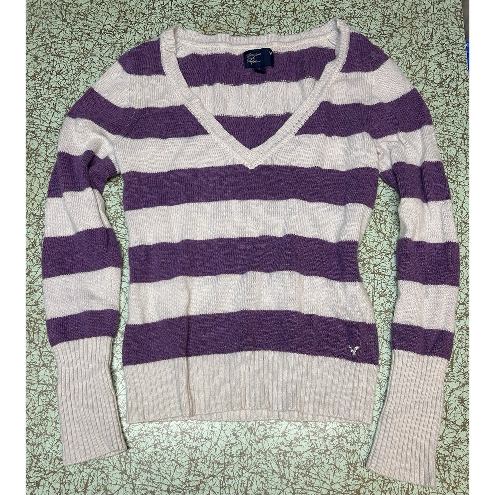American Eagle VTG Y2K Striped V-Neck Sweater M Preppy Bella Swan Wool Blend